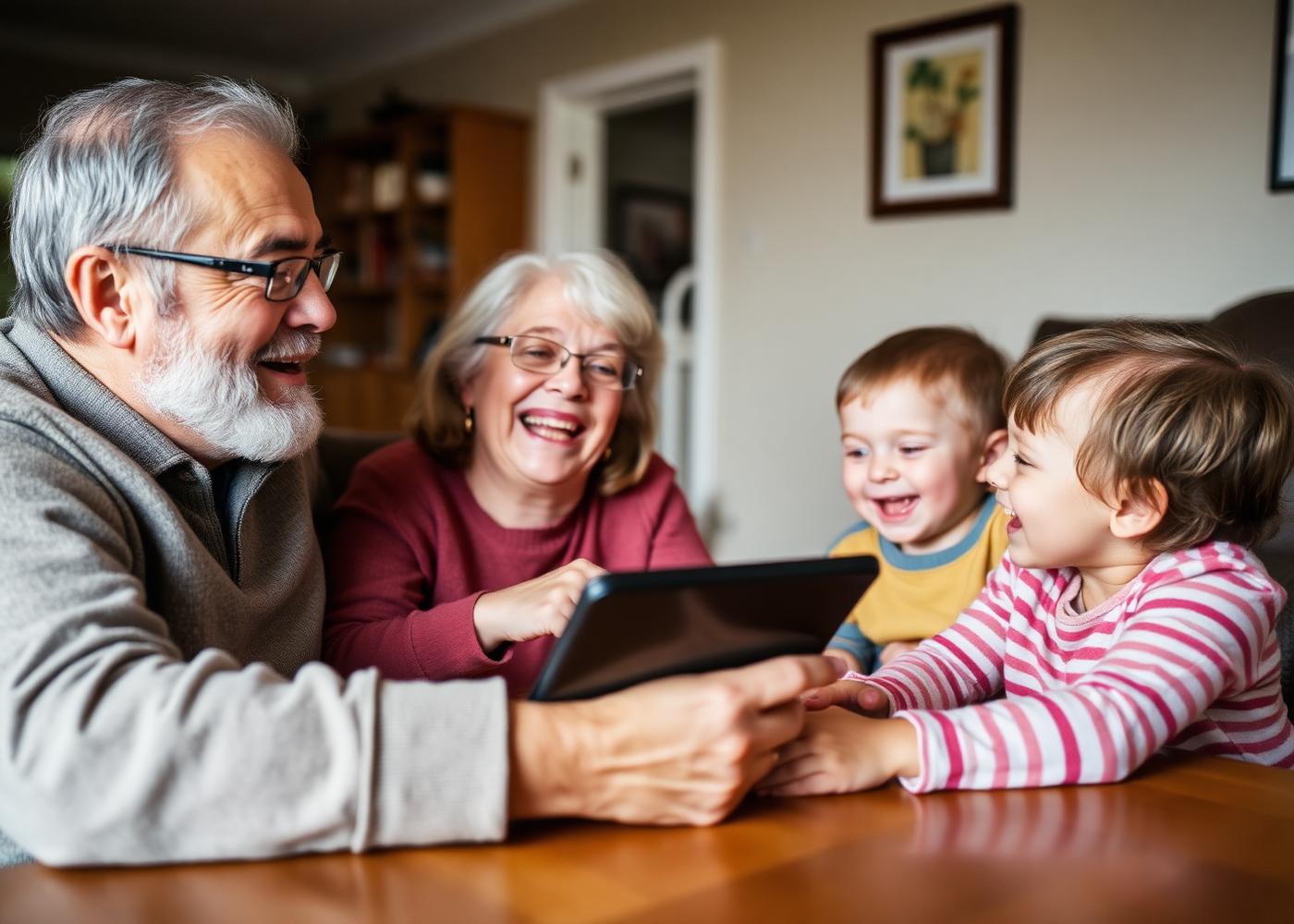 Grandparents on a video call with their grandchildren, laughing