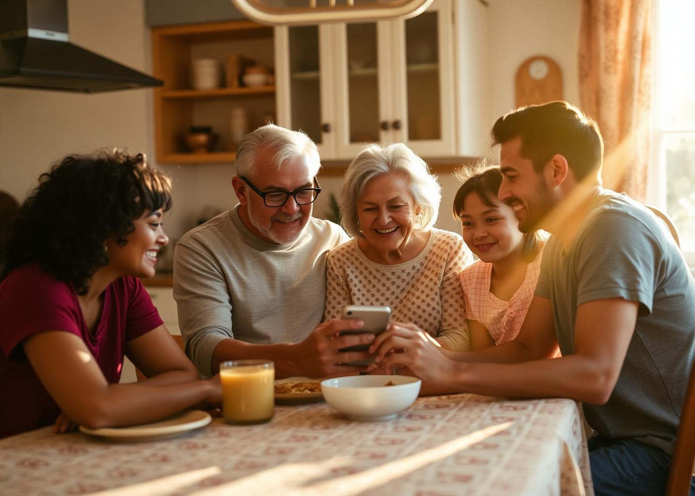 A multigenerational family looking at a phone together at the kitchen table