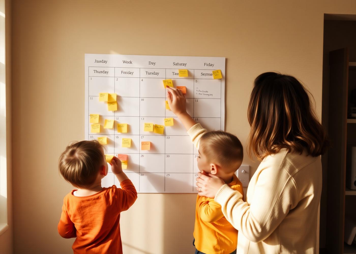 A parent and two children pinning notes on a family wall calendar