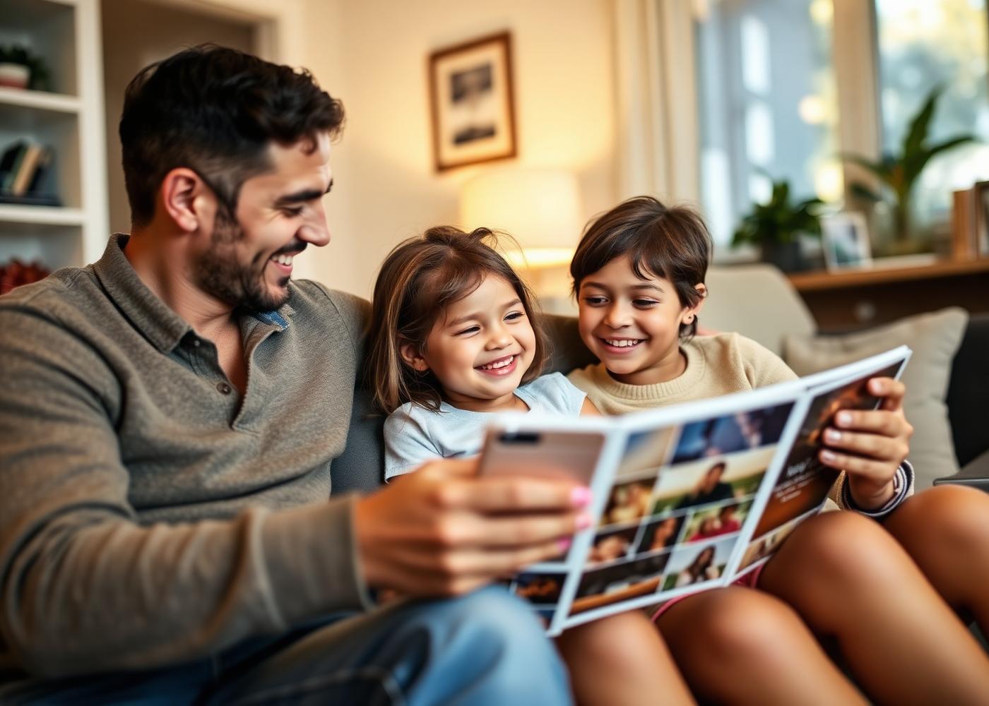 A father and children sharing a photo album on the sofa