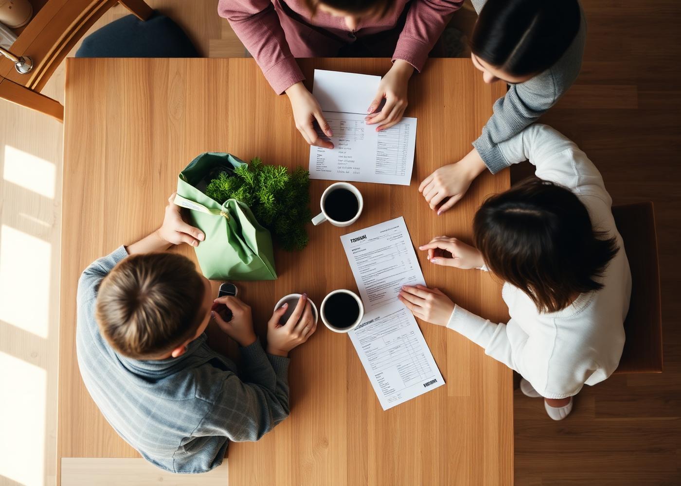 A family reviewing receipts and shared expenses at a wooden table